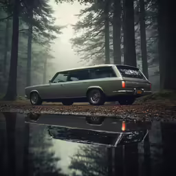 a station wagon sits in front of a pool of water and fog