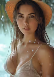a beautiful woman in a straw hat posing in water,a woman in a hat is standing under rain