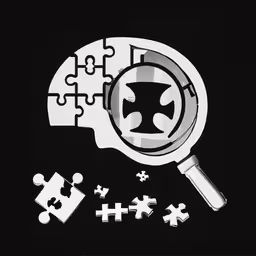 a magnifying glass is shown above puzzle pieces,a magnifying glass with jigsaws and puzzle pieces around it