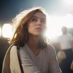 a woman standing at the end of a tunnel in the sunlight