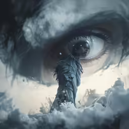 an artistic photo with an eye opening into a person in the clouds
