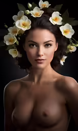 an naked woman in white flowers crown with big breast