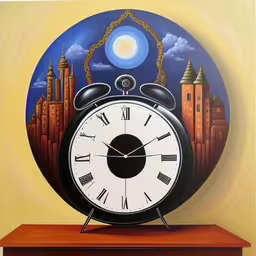 a painting of an alarm clock on a desk,a painting of a clock with a sky background,an artwork piece is shown in a contemporary style,a clock is shown on a wooden shelf,the painting has been completed in this artistic way