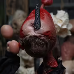 there is a man with a fake red face with horns and hair on top