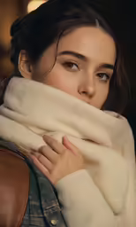 a woman wearing a white scarf is looking at something