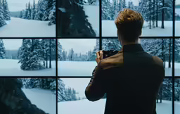 man in suit taking photo of mountains and pine trees outside a window