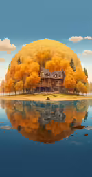 a painting of a house sits above water