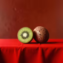 two pieces of fruit that are on a red surface