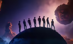 six silhouettes standing on top of a large rock in the middle of a barren mountain at night