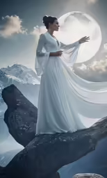 a woman wearing a white dress and holding a large long flowing sarong standing on rocks looking at the moon