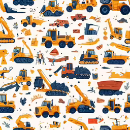 a yellow truck and construction equipment with a white background
