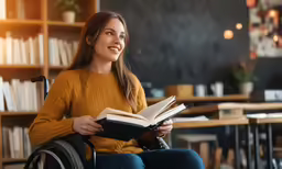 woman in a wheelchair reading a book in front of a wall