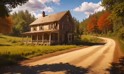 a run down house next to a dirt road,a large house sitting on the side of a dirt road
