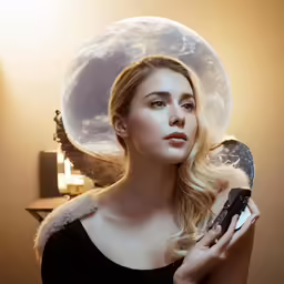 woman holding a brush, comb and mirror against the backdrop of a moon