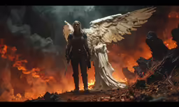 the female angel in the fire with her wings outstretched