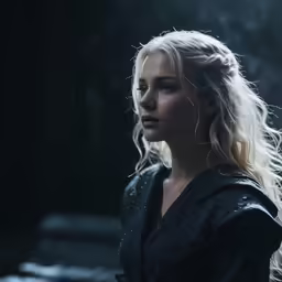 a woman with blonde hair is standing in the dark