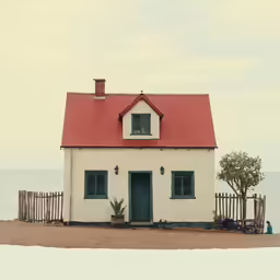 a small house with a red roof and white picket fence