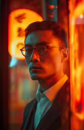 a man in suit and glasses standing next to an orange lit display,young man in a suit and glasses standing next to neon lights