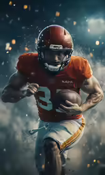 an american football player in action, the helmet is being deformed