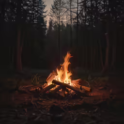 a camp fire sitting in the woods with trees in the background