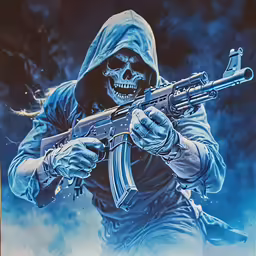 a drawing of a skeleton holding an automatic rifle