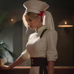 the beautiful woman is dressed up and standing in front of the counter