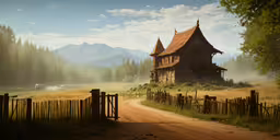 a dirt road winds through a field in front of an old fashioned house,a wooden house sitting in the middle of a field