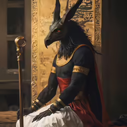 a person in a costume sitting next to an animal