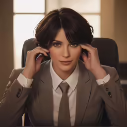 woman in a grey suit sits and looks pensive at the camera