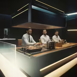 three men are sitting at a counter with some food