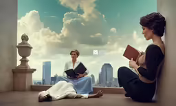 two women sit on the floor as one reads a book and another listens to hear