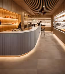 the restaurant with lots of wooden shelves and lighting