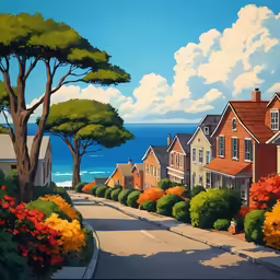 a street lined with trees and some houses