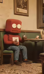 a person in a red sweater sits on a bench with a mug