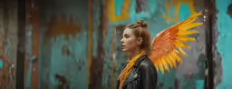 woman with orange wings standing in front of rusty wall