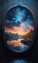 an artwork of a picture of a lake and mountains