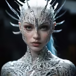 a close up of a woman with many silver pieces on her face