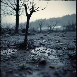 a tree is standing in the middle of a marsh