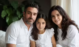 a family poses together in front of the window for the camera