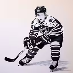 a drawing of a hockey player with black and white stripes