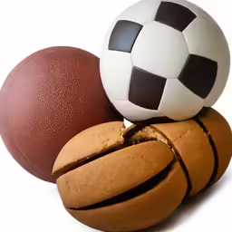several types of sports balls stacked on top of each other