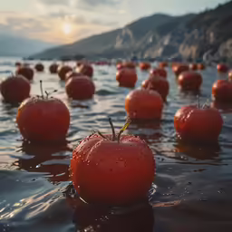a field with large tomatoes floating in the water