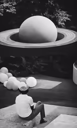 a person sits on a cement slab next to some balls
