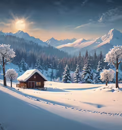 this is a photograph of a snowy mountain,the snow covered landscape has trees and a cabin