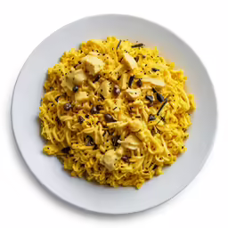 a close up of pasta with tofu on a white plate