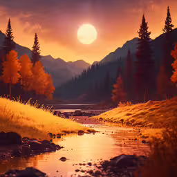 a painting of a lake surrounded by mountains under a star filled sky,the sun is rising over some mountains near a stream