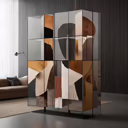 a room divider with multiple colored mirrors