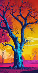 a lone tree stands against an orange and pink background,this is a painting of a tree and its colors