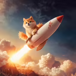 cat sitting on a rocket on the back of a white rocket with smoke billowing out