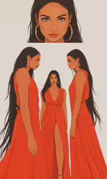 a woman in an orange dress with large hoop earrings